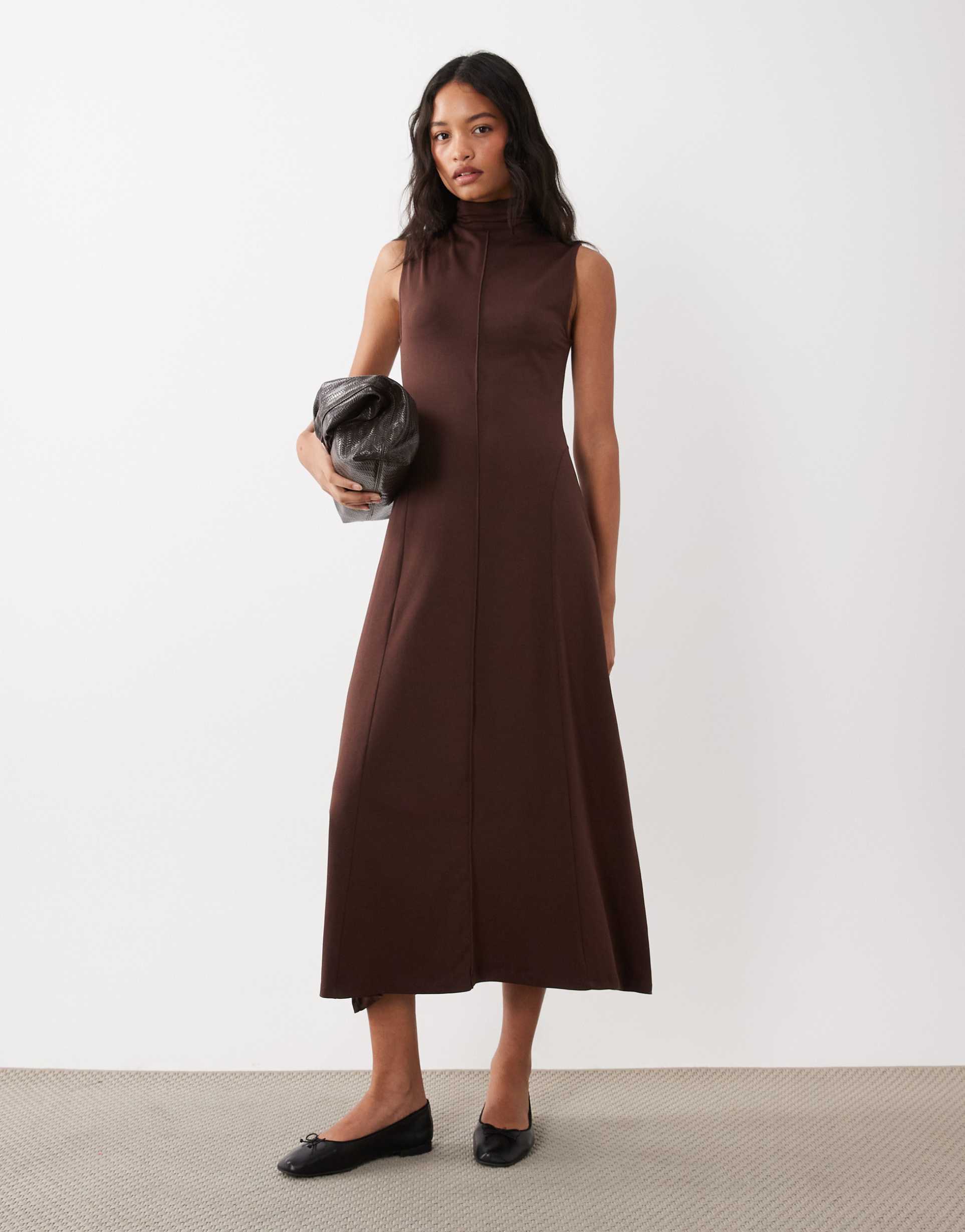 asos design sleeveless exposed seams midi dress in chocolate