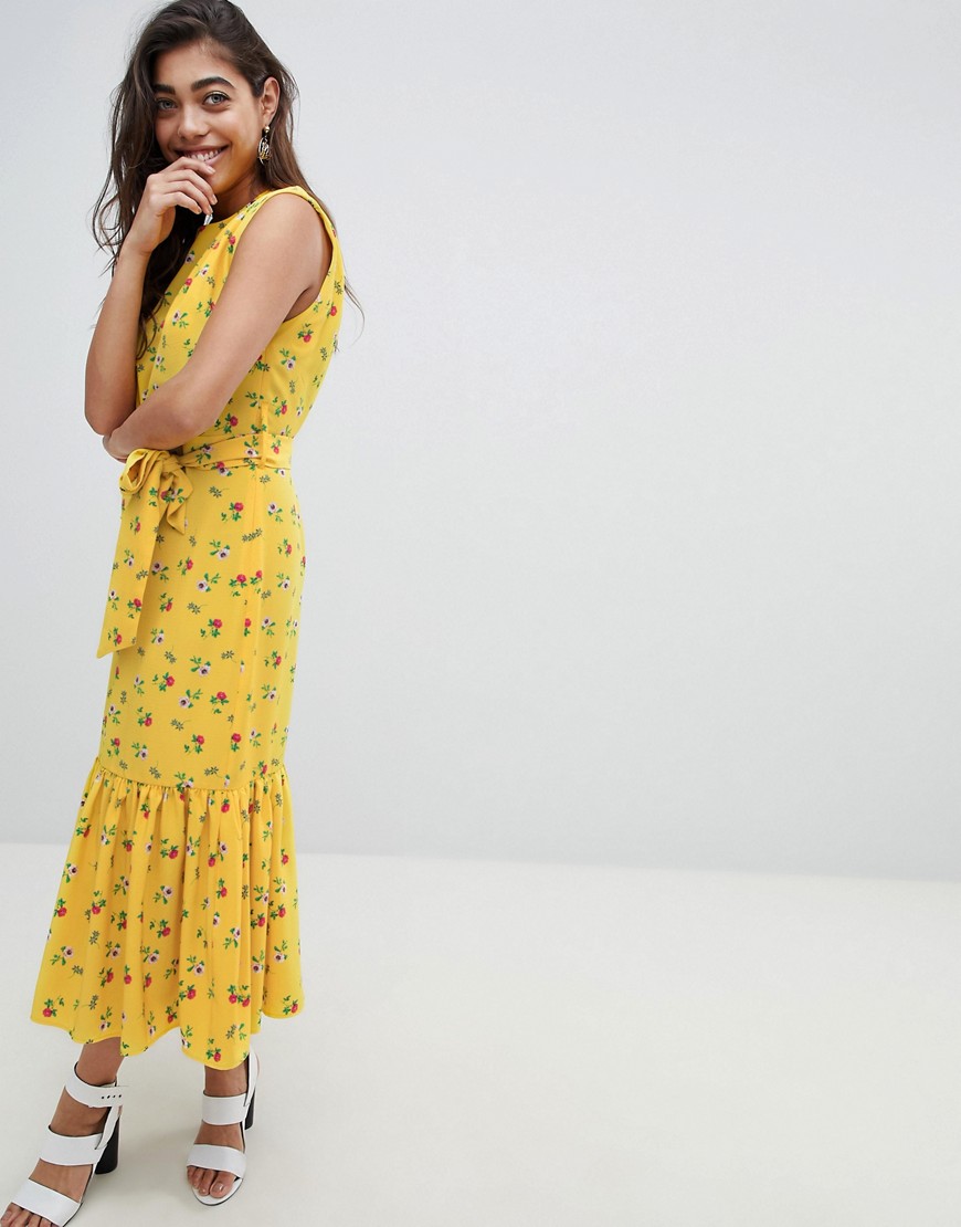 ASOS DESIGN Sleeveless Floral Maxi Dress With Ruffle Hem And Belt-Multi