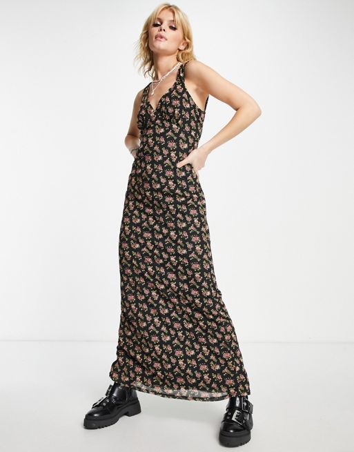 ASOS DESIGN sleeveless frill detail maxi dress in black floral | ASOS