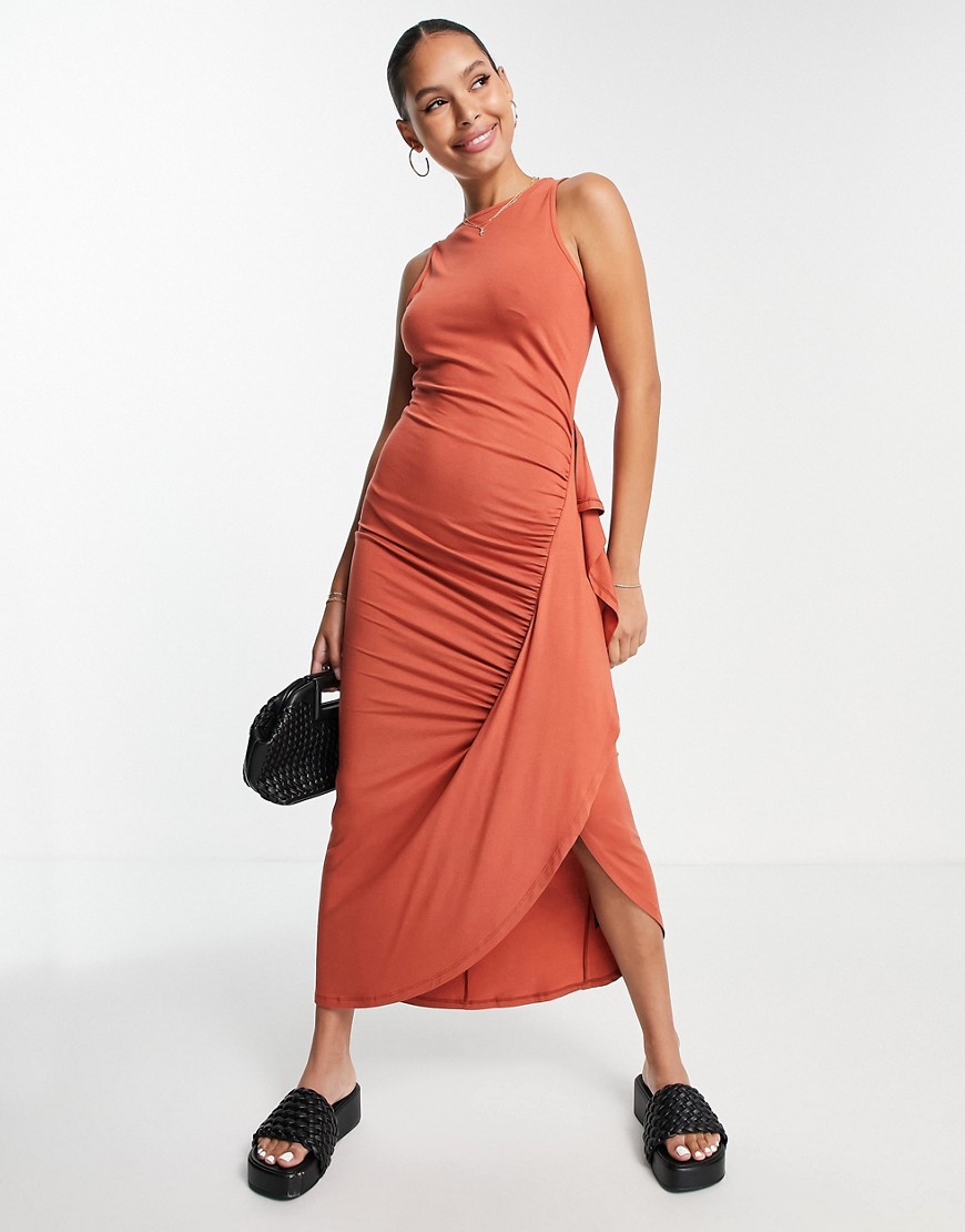 Asos Design Sleeveless Frill Detail Maxi Dress In Rust-orange