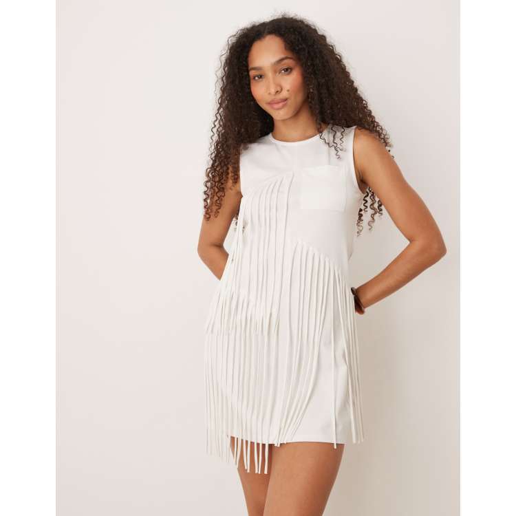 ASOS DESIGN sleeveless fringe mini dress with pocket detail in