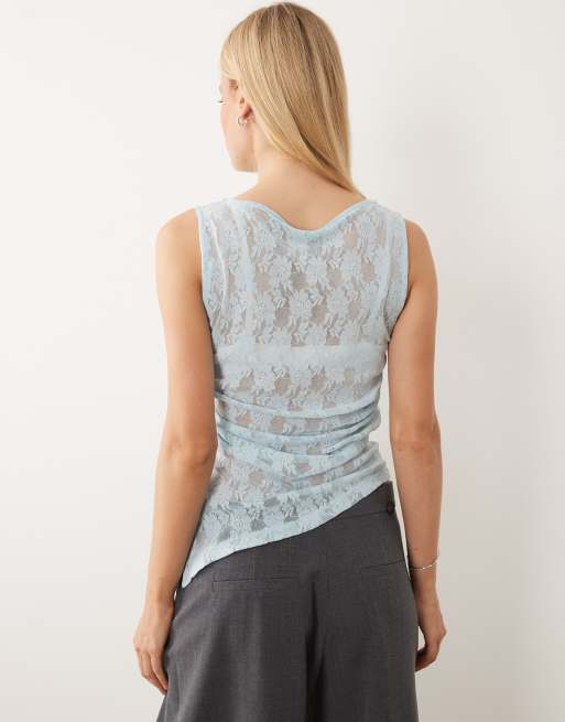 ASOS DESIGN sleeveless gathered side lace asymmetric detail top in baby blue, 2 of 4