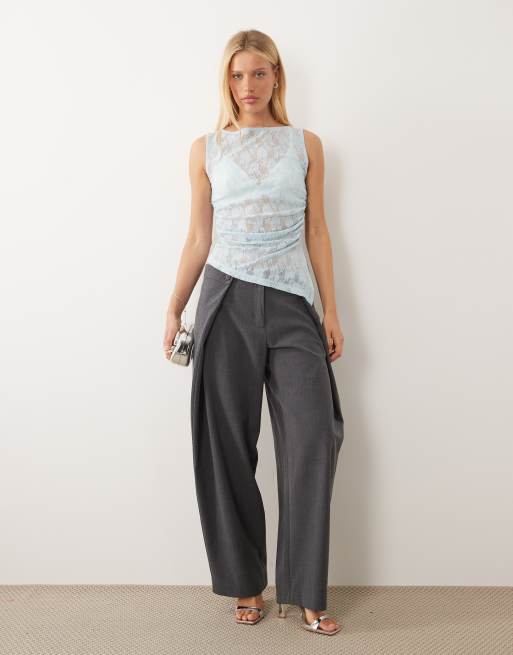 ASOS DESIGN sleeveless gathered side lace asymmetric detail top in baby blue, 3 of 4