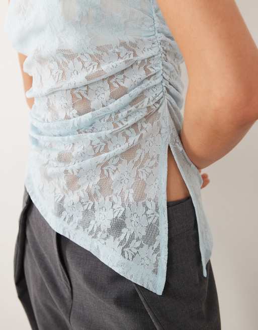 ASOS DESIGN sleeveless gathered side lace asymmetric detail top in baby blue, 4 of 4