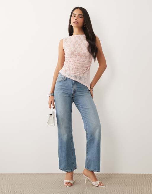ASOS DESIGN sleeveless gathered side lace asymmetric detail top in pale pink, 2 of 4