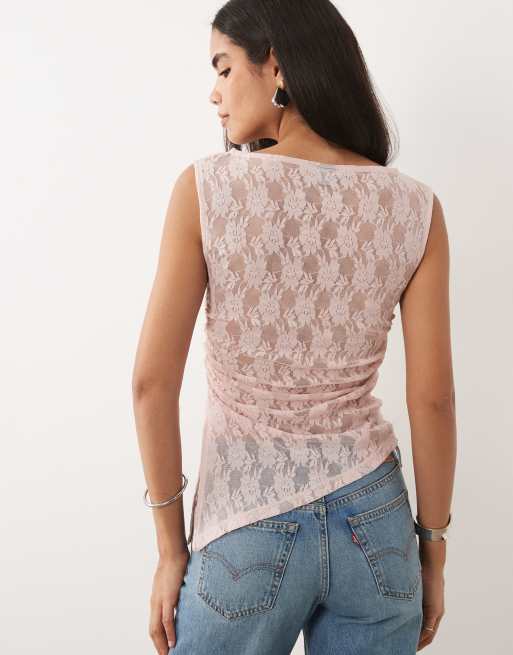 ASOS DESIGN sleeveless gathered side lace asymmetric detail top in pale pink, 3 of 4