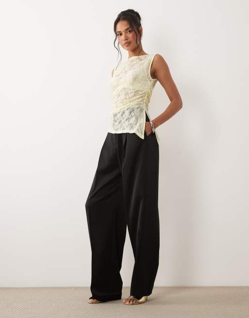 ASOS DESIGN sleeveless gathered side lace asymmetric detail top in yellow, 2 of 4