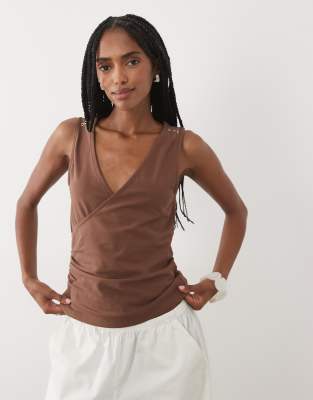 Asos Design Sleeveless Gathered Wrap Top In Brown