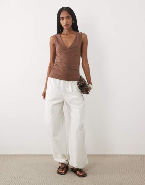 ASOS DESIGN sleeveless gathered wrap top in chocolate - view 1