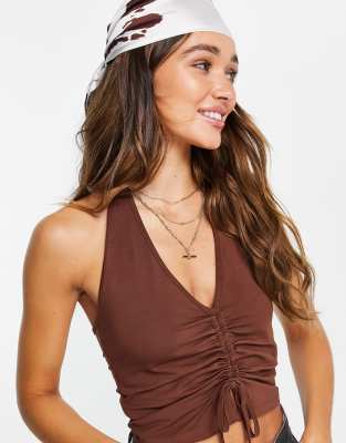 Asos Design Sleeveless Halter Top With Ruched Front In Brown ModeSens