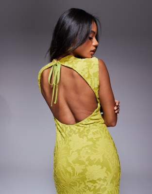 Asos Design Sleeveless High Neck Devore Maxi Dress With Ruched Skirt Detail In Green