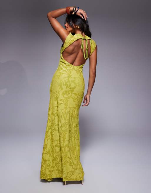 ASOS DESIGN sleeveless high neck devore maxi dress with ruched skirt detail in lime