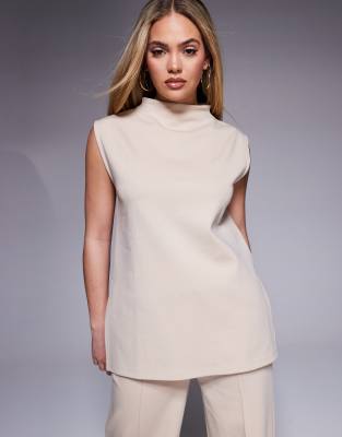 Asos Design Sleeveless High Neck Interlock Tank In Neutral - Part Of A Set