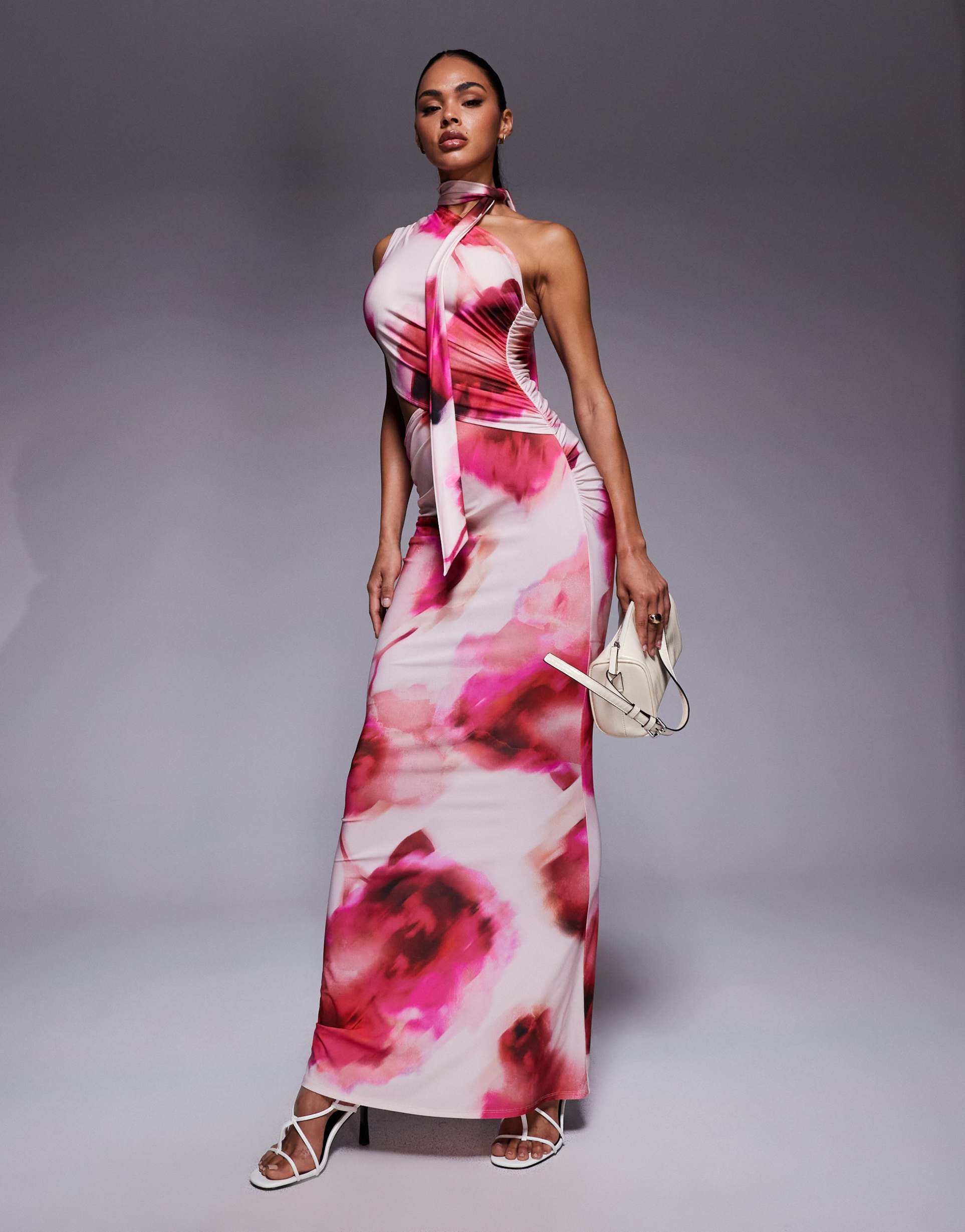 asos design sleeveless high neck maxi dress in pink floral print