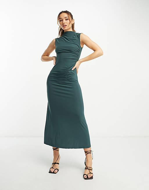 ASOS DESIGN sleeveless high neck maxi dress with ruched skirt in khaki