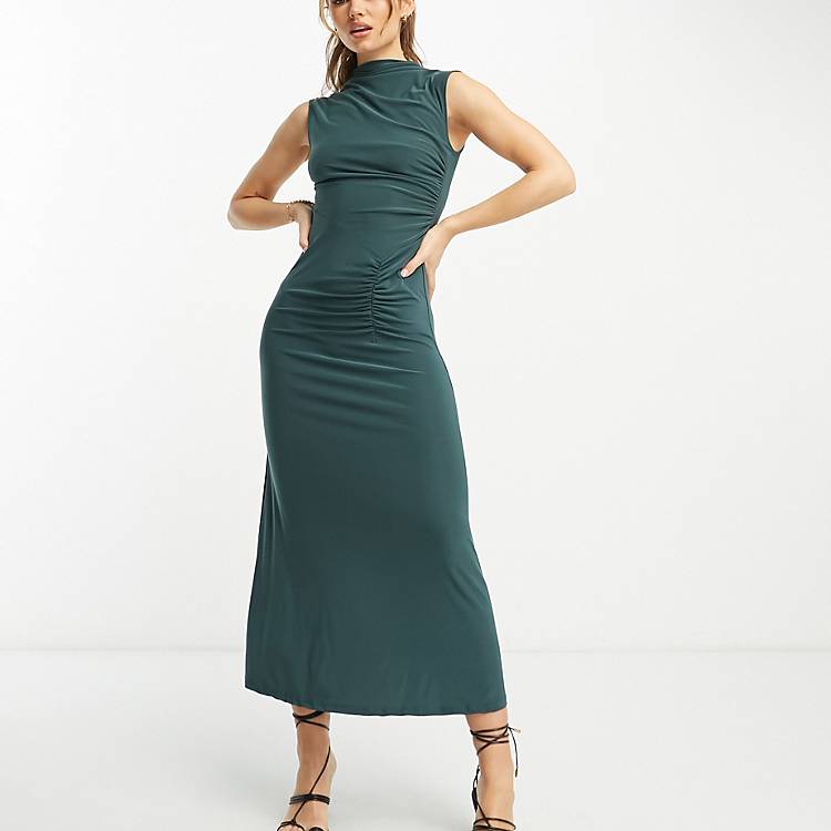 ASOS DESIGN sleeveless high neck maxi dress with ruched skirt in khaki
