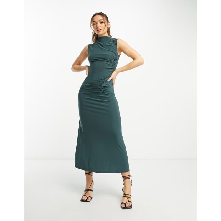 ASOS DESIGN sleeveless high neck maxi dress with ruched skirt in