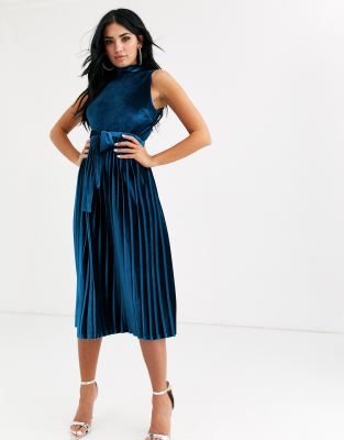 pleated velvet midi dress