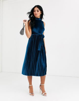 asos design high neck pleated midi dress