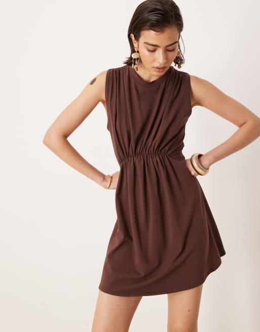 ASOS DESIGN sleeveless high neck ruched detail mini dress in chocolate, 2 of 4