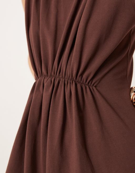 ASOS DESIGN sleeveless high neck ruched detail mini dress in chocolate, 3 of 4