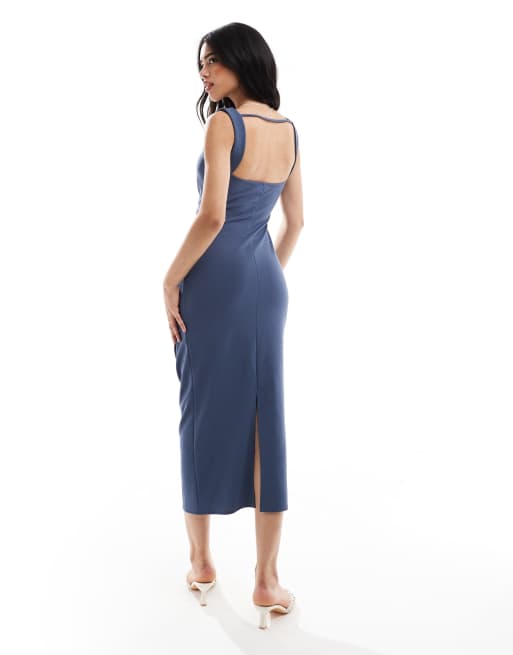 ASOS DESIGN sleeveless high neck ruched midi dress in blue, 3 of 4