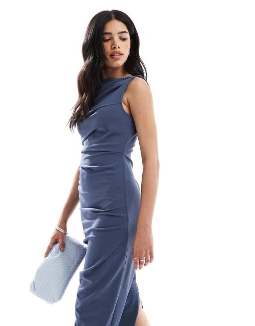 ASOS DESIGN sleeveless high neck ruched midi dress in blue
