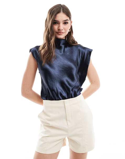ASOS DESIGN sleeveless high neck satin bodysuit in navy - view 1