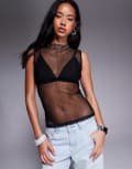 [ASOS DESIGN] ASOS DESIGN sleeveless high neck sheer plisse top in black L Black