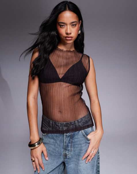 ASOS DESIGN sleeveless high neck sheer plisse top in brown - view 1