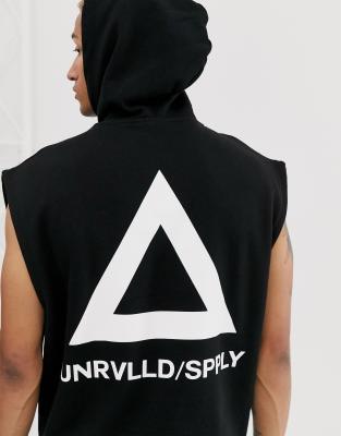 ASOS DESIGN sleeveless hoodie in black with triangle back print