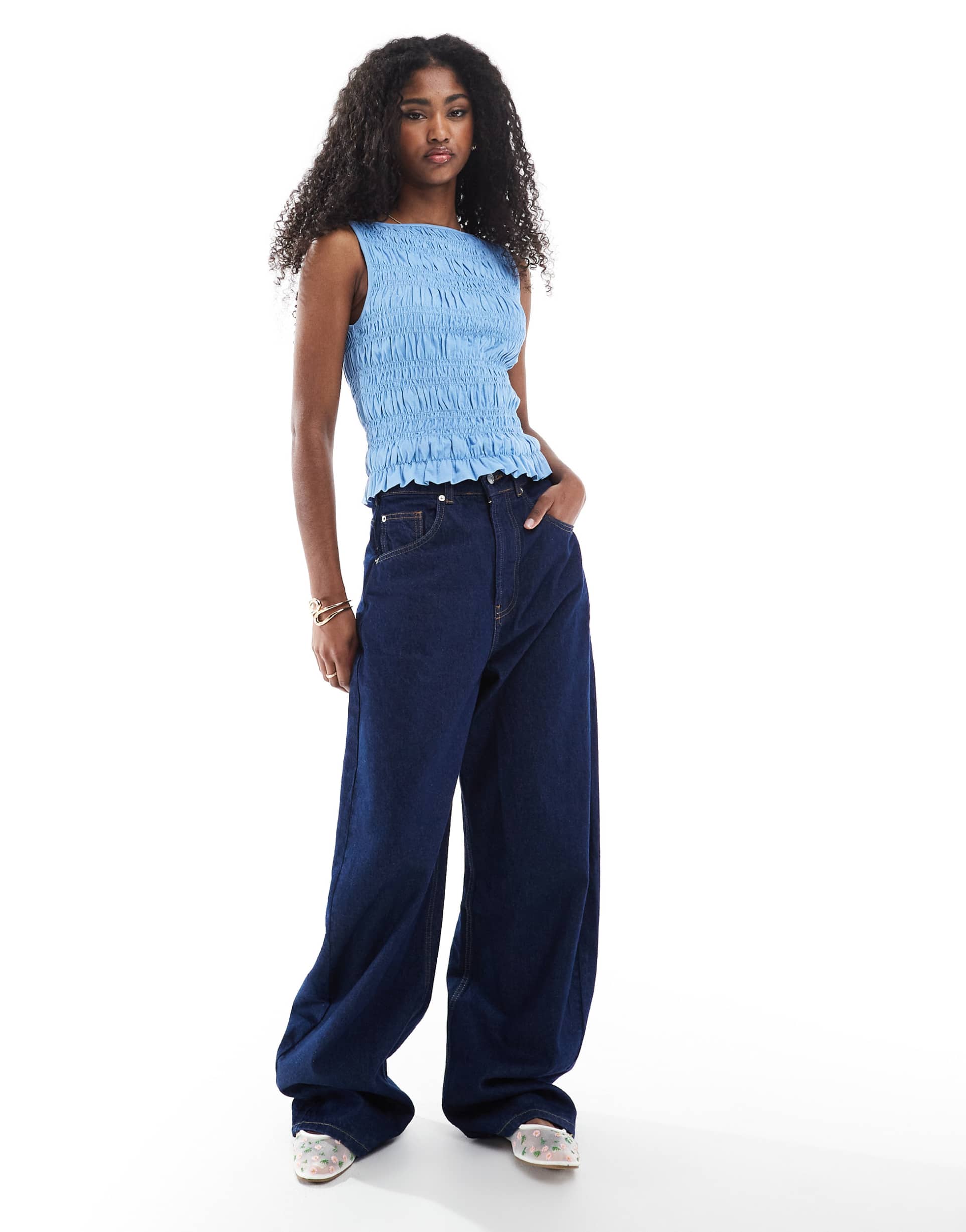 asos design sleeveless irregular shirred tank in cornflower blue