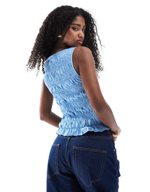 ASOS DESIGN sleeveless irregular shirred tank in cornflower blue