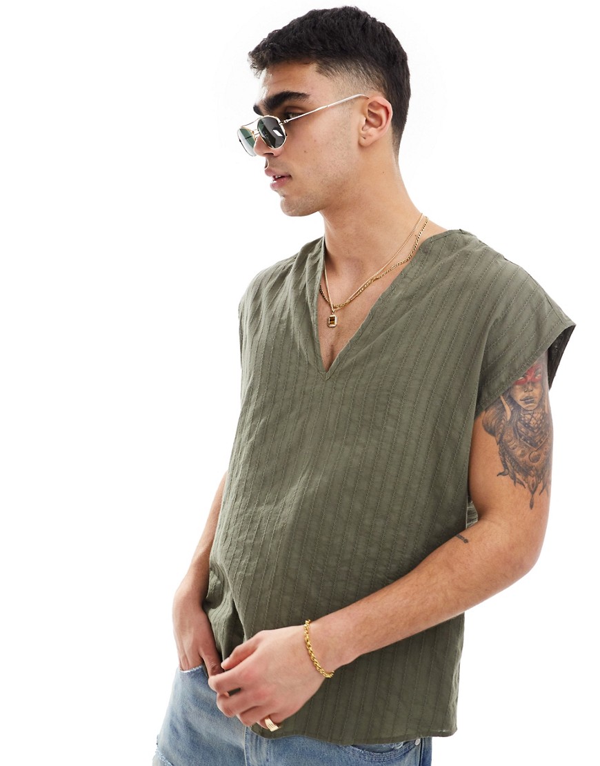 ASOS DESIGN sleeveless jacquard cotton overhead shirt in khaki green