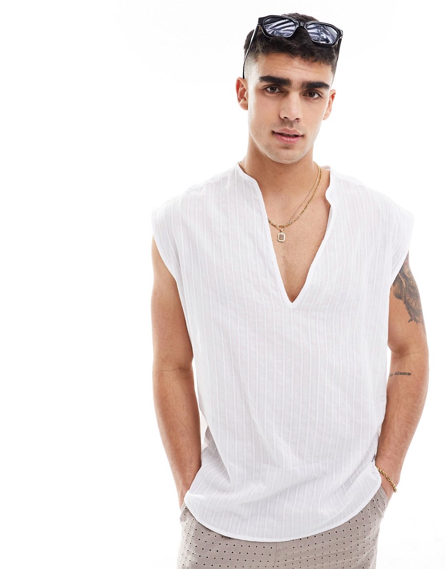 ASOS DESIGN sleeveless jacquard cotton overhead shirt in white