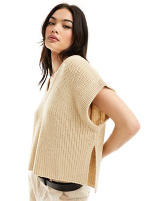 ASOS DESIGN sleeveless knitted v neck tank with side splits in stone