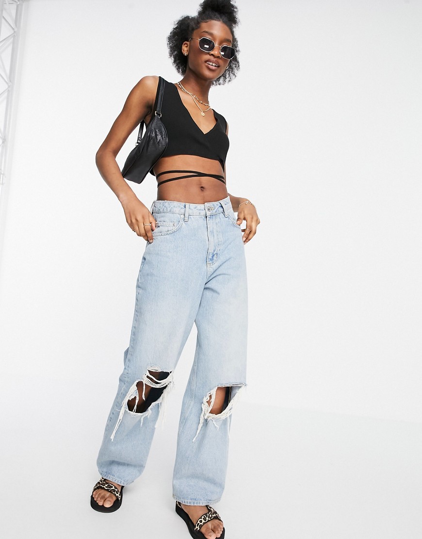 ASOS DESIGN sleeveless knitted wrap crop top with tie detail in black