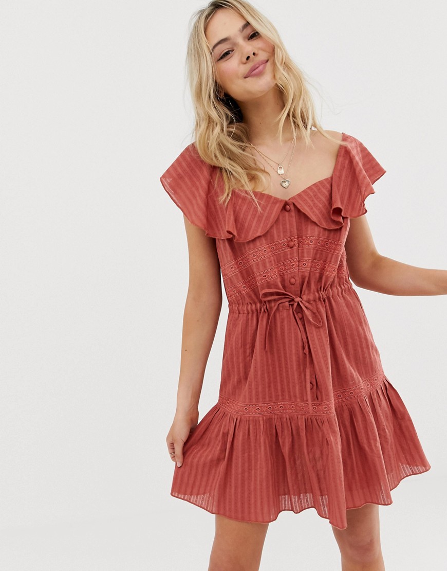 ASOS DESIGN sleeveless lace insert mini dress with drawstring waist-Red