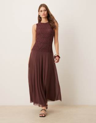 Asos Design Sleeveless Lace Maxi Dress With Sheer Skirt In Brown