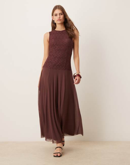 ASOS DESIGN sleeveless lace maxi dress with sheer skirt in chocolate