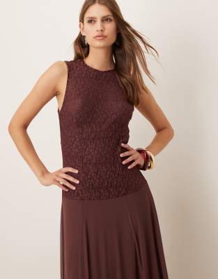 Asos Design Sleeveless Lace Maxi Dress With Sheer Skirt In Brown