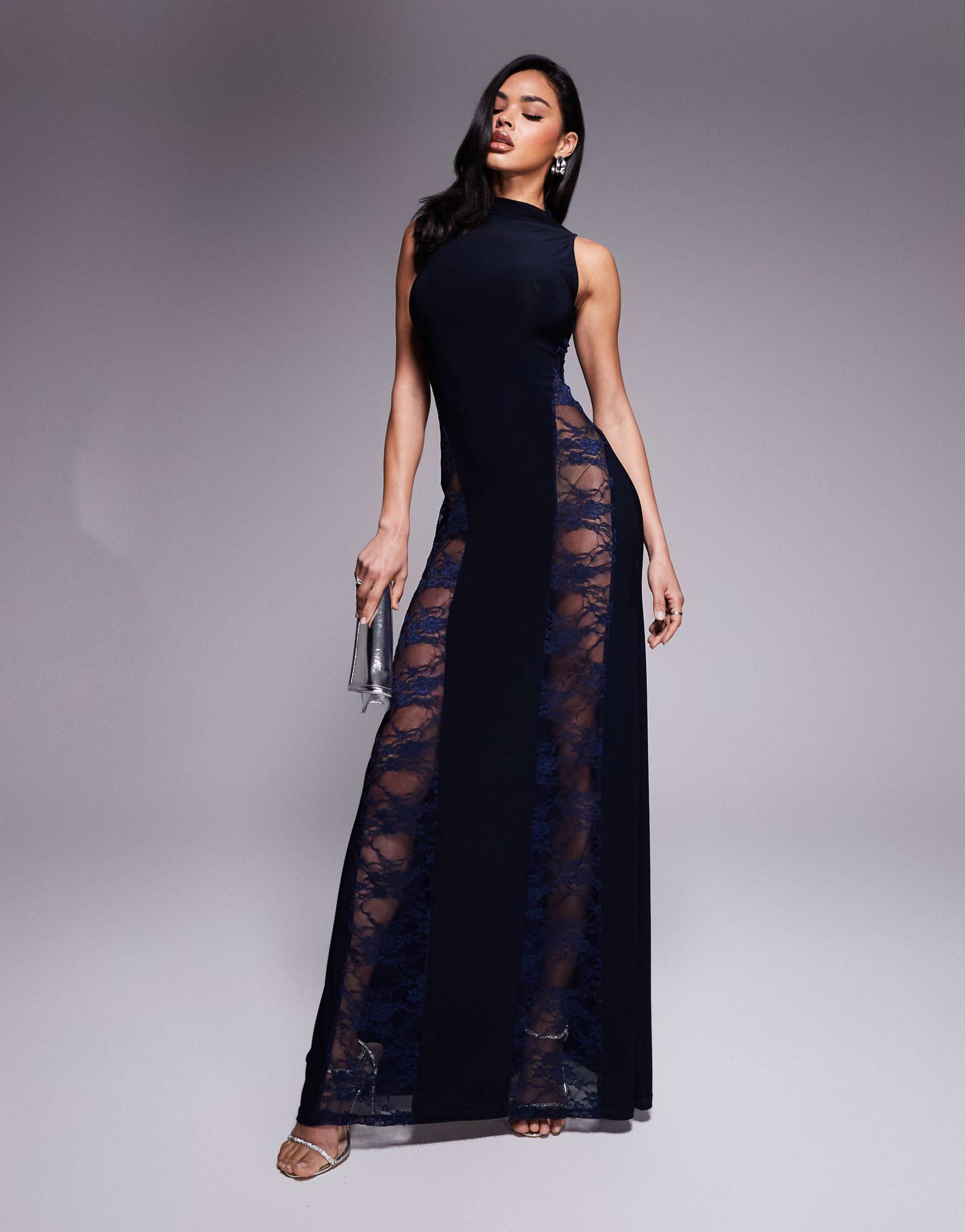 asos design sleeveless lace panelled in maxi dress with new high neck in navy