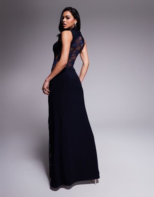 ASOS DESIGN sleeveless lace panelled in maxi dress with new high neck in navy
