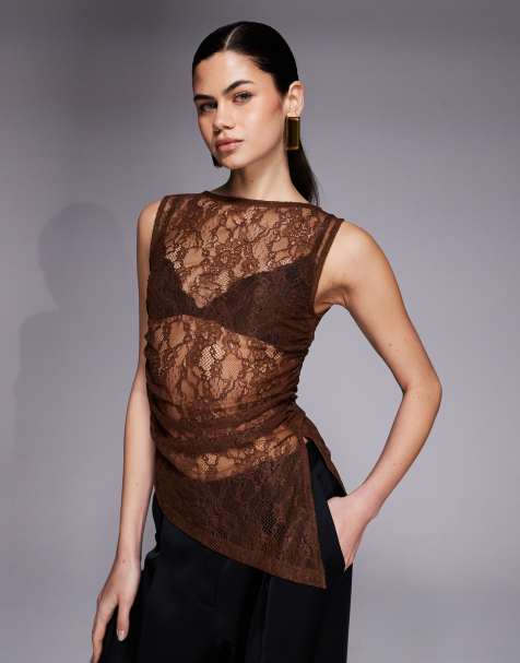 ASOS DESIGN sleeveless lace top in chocolate - view 1