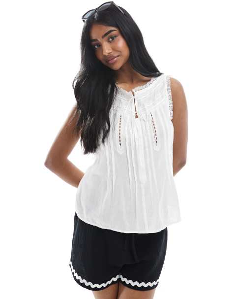 ASOS DESIGN sleeveless lace trim top with ribbon tie detail in white - view 1