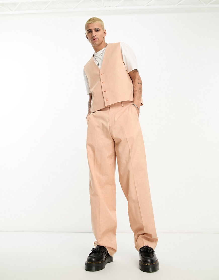 Asos Design Sleeveless Long Line Suit Jacket In Slubby Linen In Pink