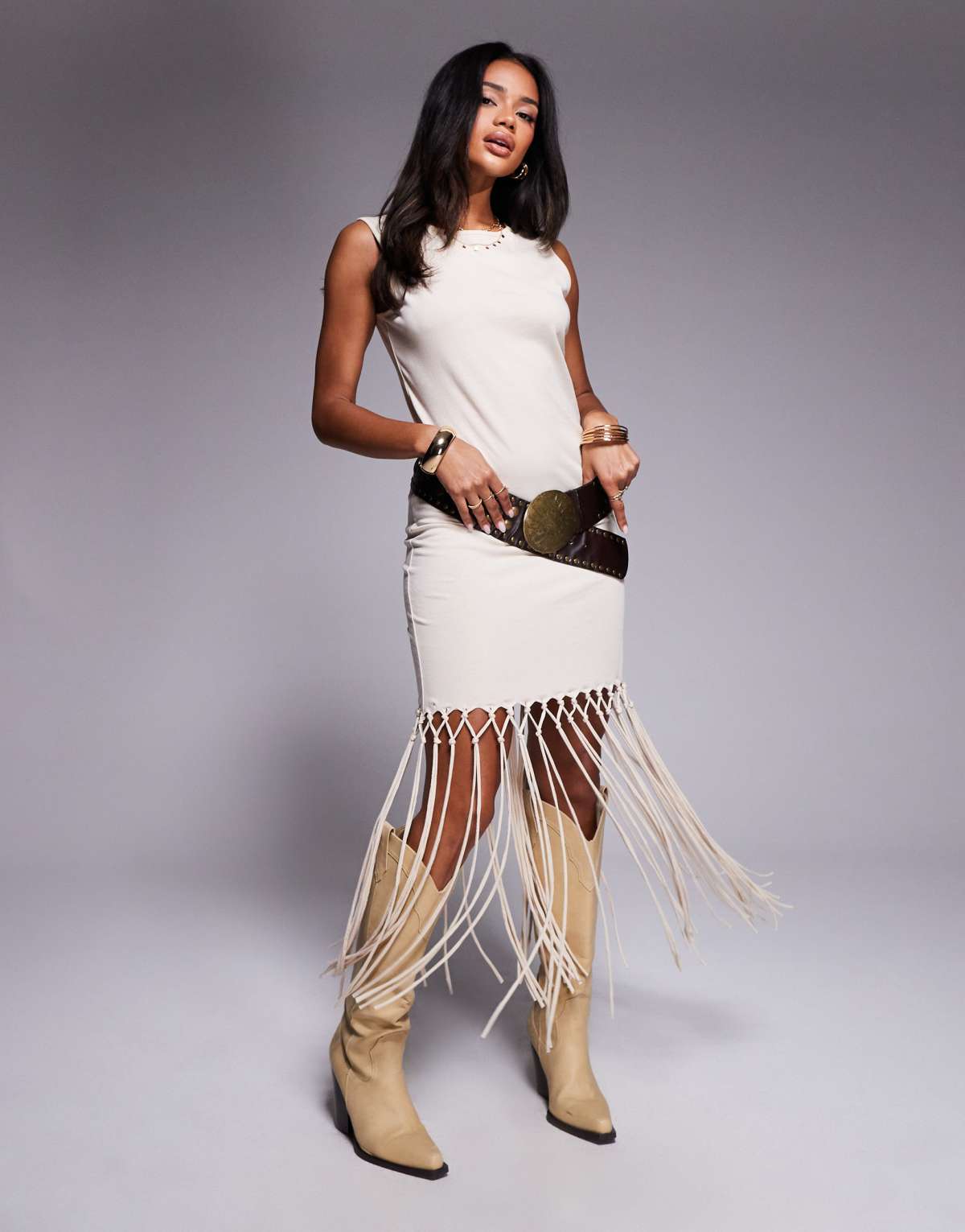 ASOS DESIGN sleeveless macrame fringe hem detail midi dress in stone