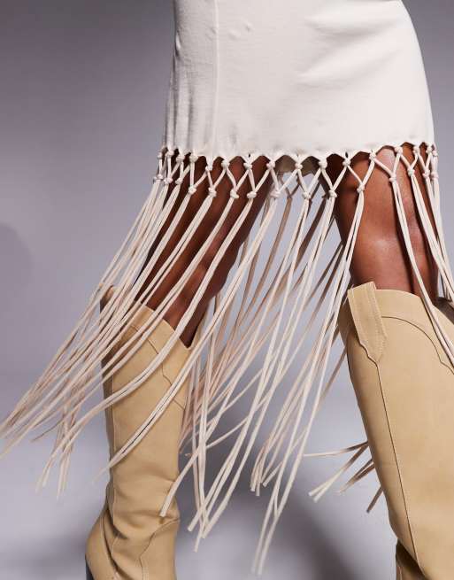 ASOS DESIGN sleeveless macrame fringe hem detail midi dress in stone