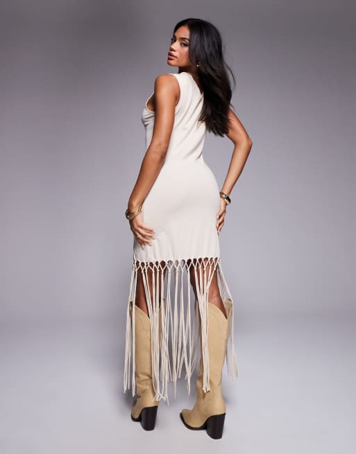ASOS DESIGN sleeveless macrame fringe hem detail midi dress in stone