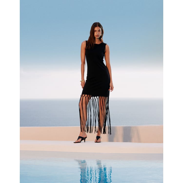 macrame dress black ASOS DESIGN sleeveless fringed hem detail midi in shoulder neckline